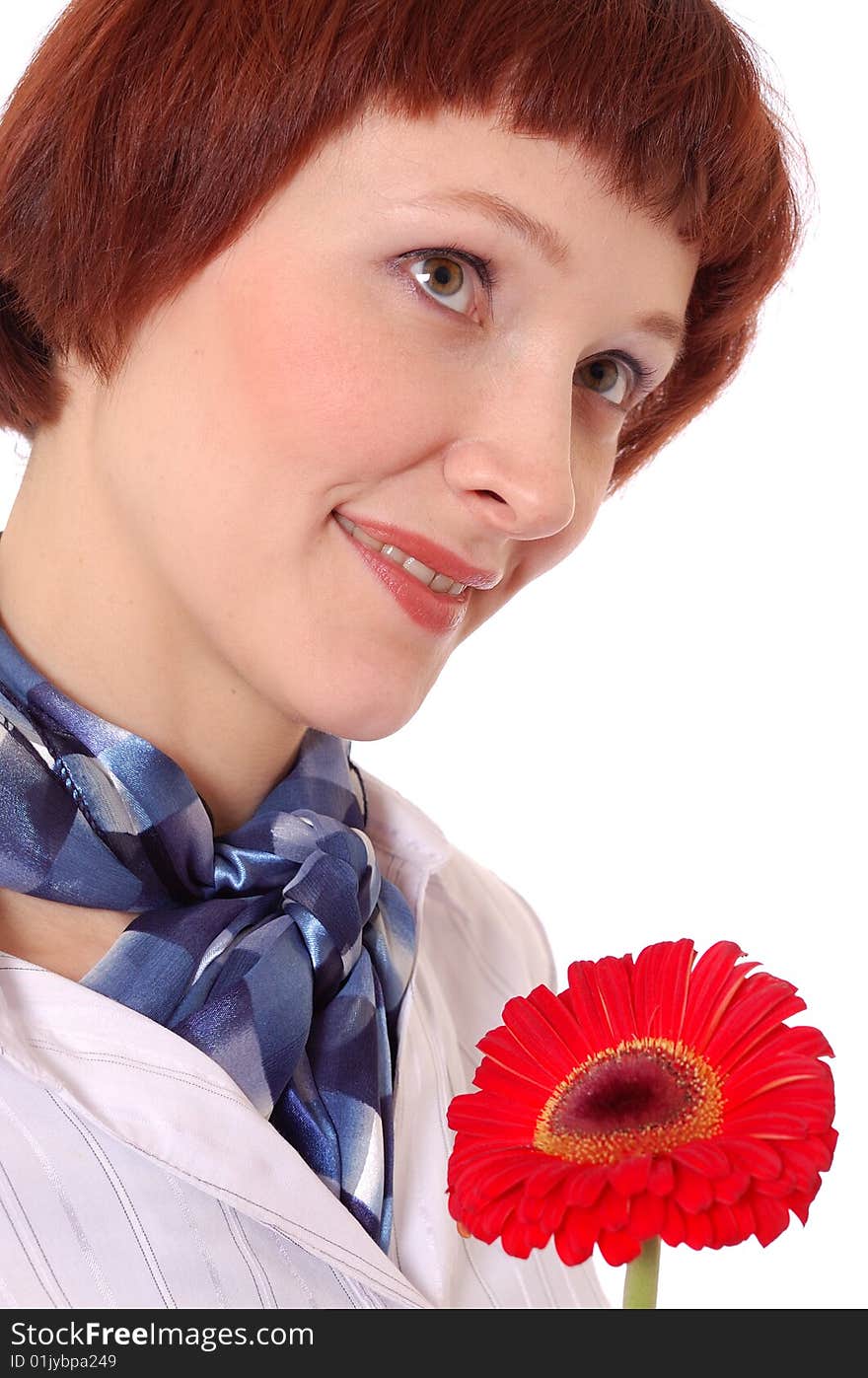 Beautiful girl with red gerbera isolated on a white background