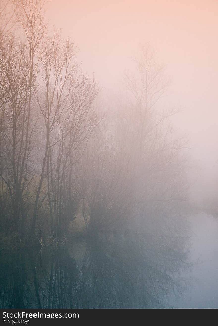 Foggy morning and non-urban scene in southern Poland