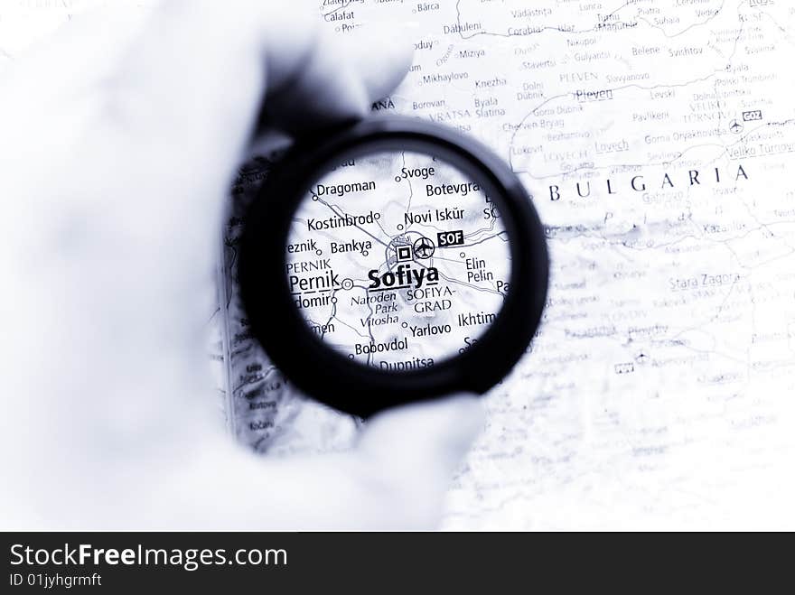 Selective focus on antique map of  Sofiya