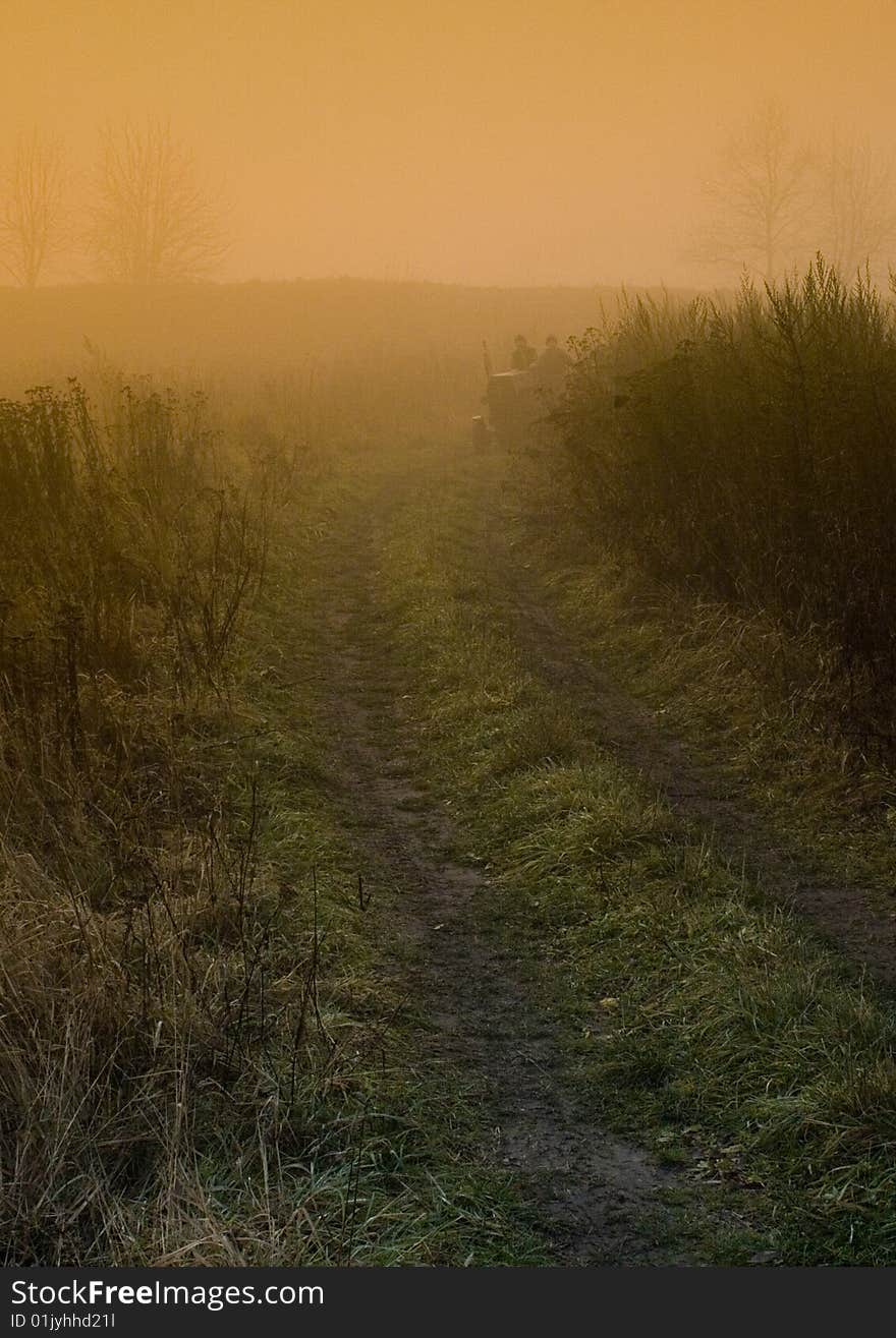 Foggy morning and non-urban scene in southern Poland