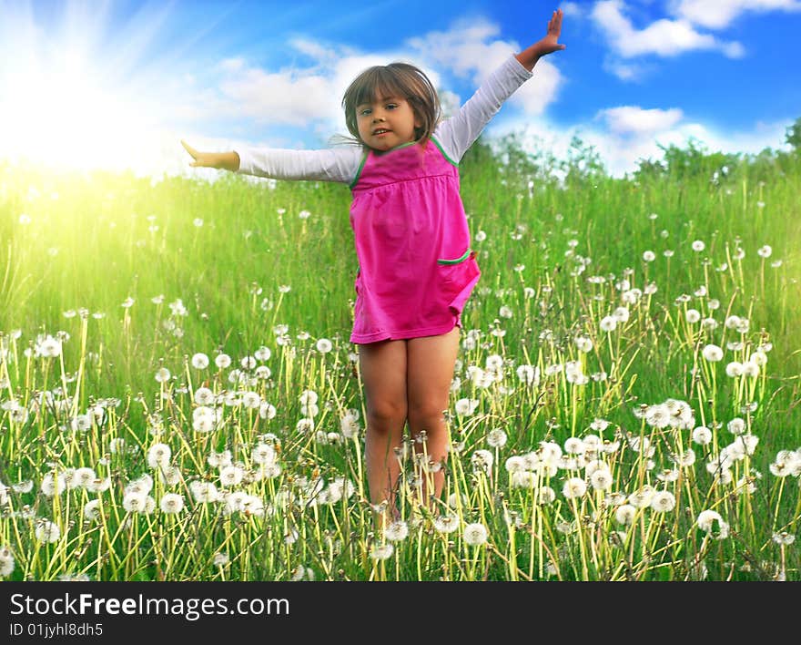 Little girl Jumping on the meadow. Little girl Jumping on the meadow