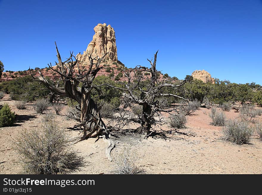 View of red rock formations in San Rafael Swell with blue sky�s