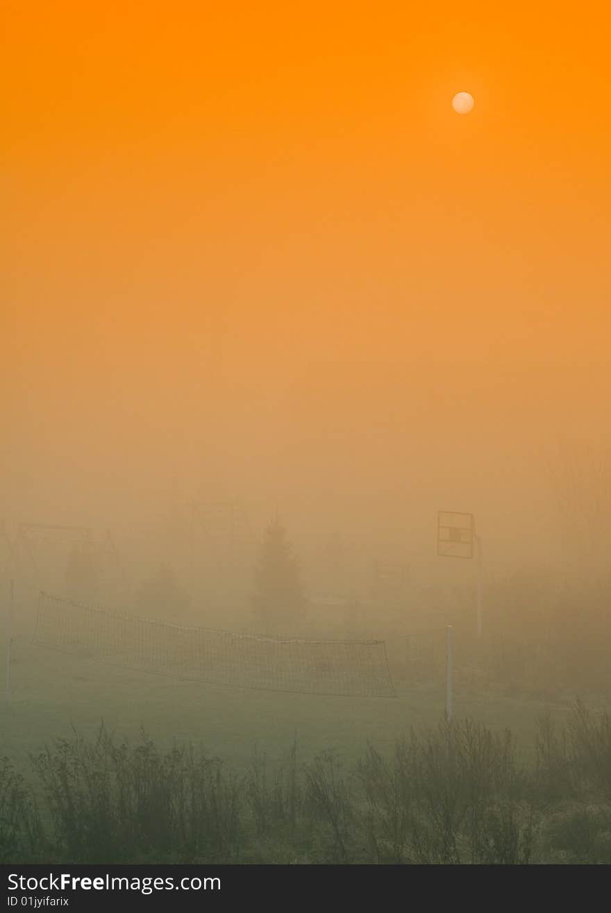 Foggy morning and non-urban scene in southern Poland