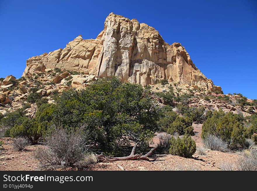 View of red rock formations in San Rafael Swell with blue sky�s