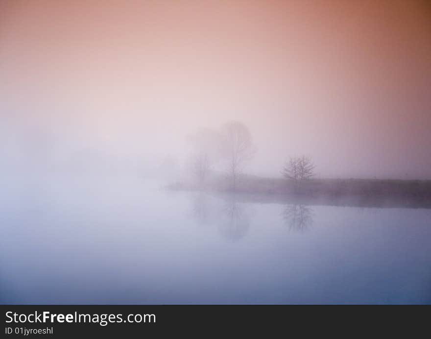 Foggy morning and non-urban scene in southern Poland