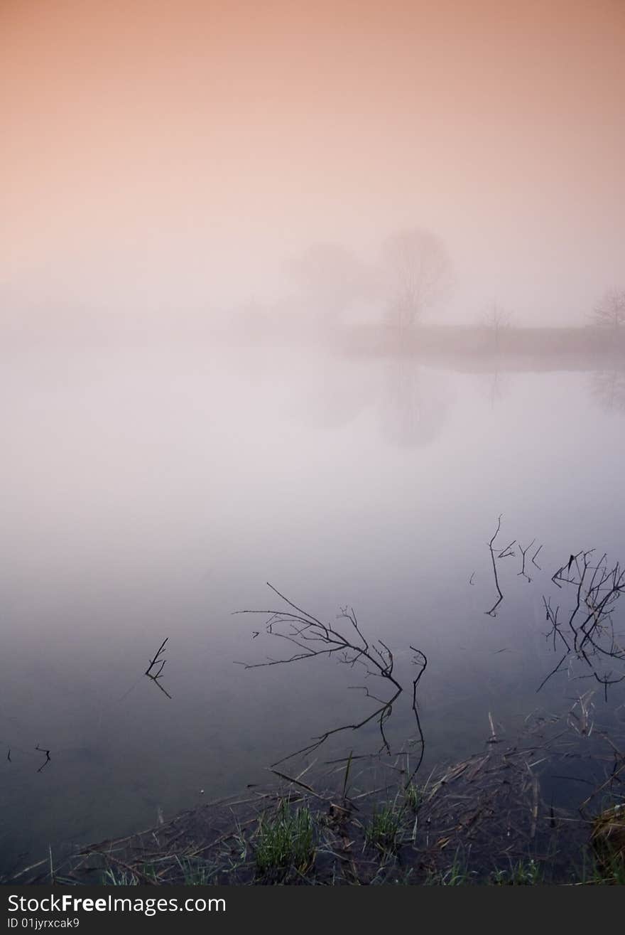 Foggy morning and non-urban scene in southern Poland