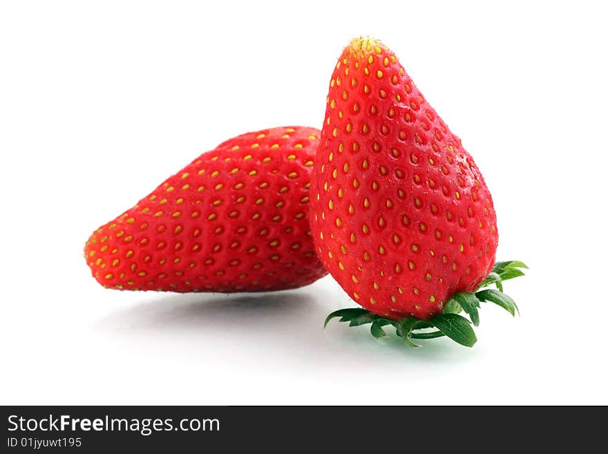 Close up of two Korea strawberry over white background.