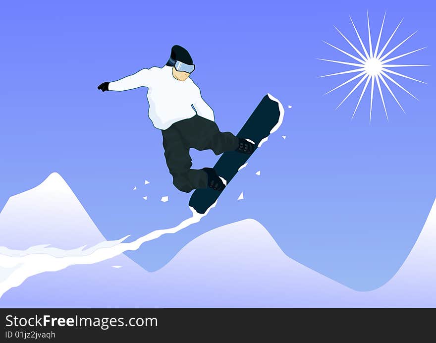 A winter sport illustration of a snowboard jump