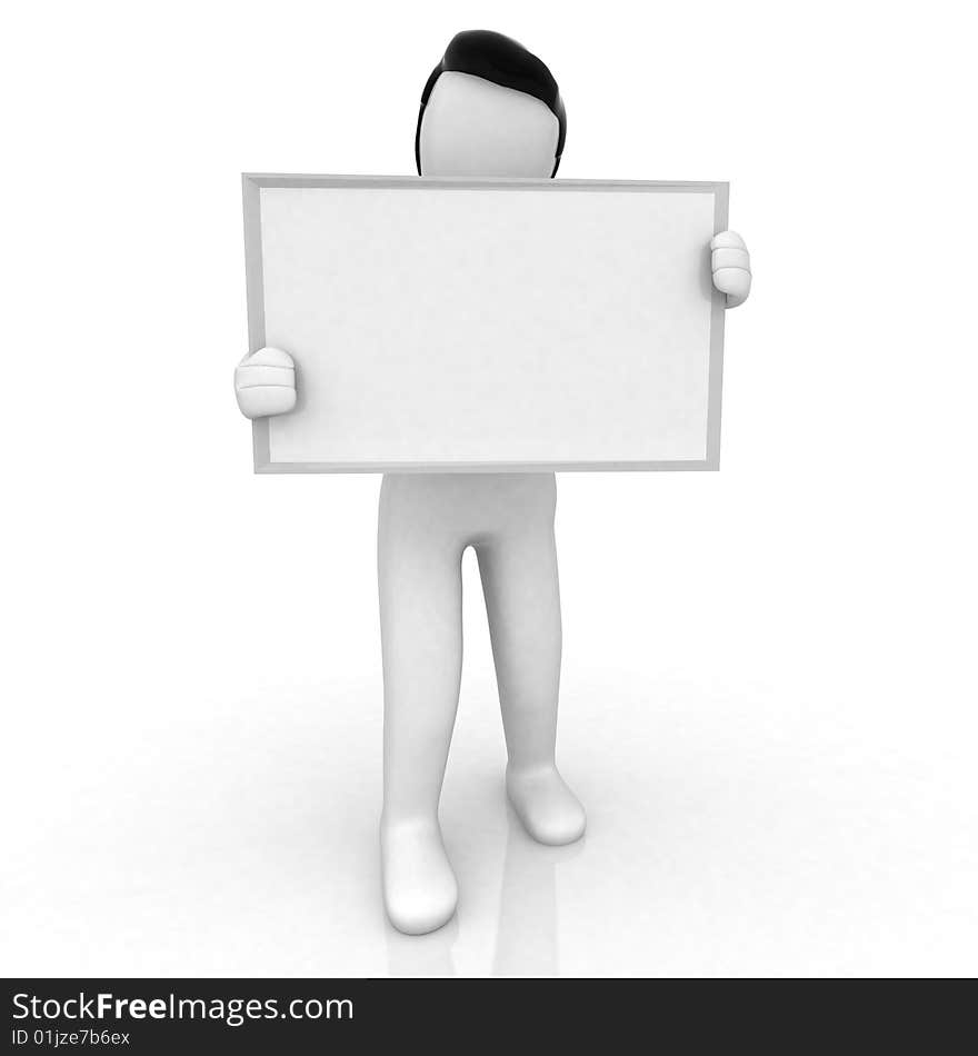 3D human with blank presentation frame on white background. 3D human with blank presentation frame on white background