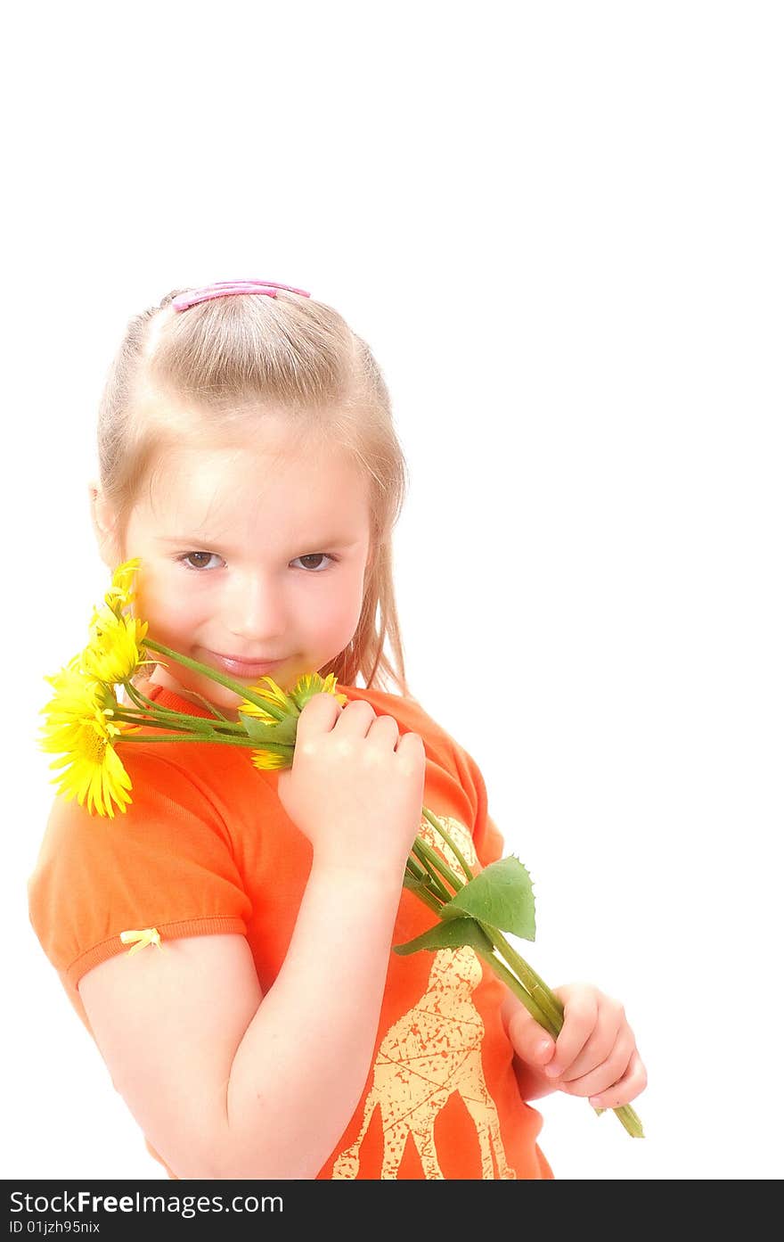 Cute girl holding a long flowers. White background.