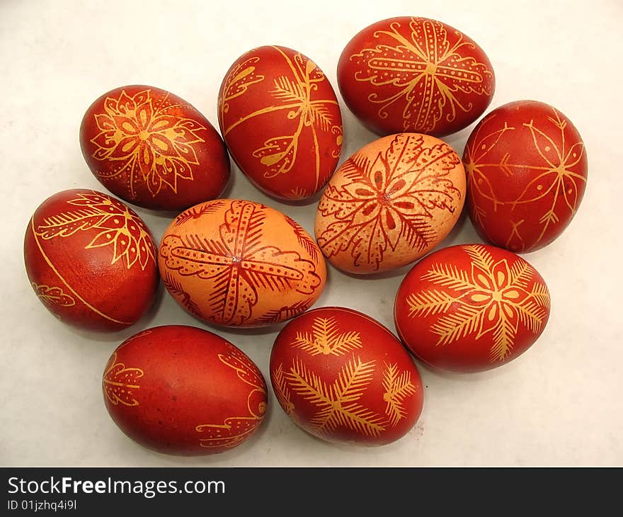 Group of traditional red easter eggs