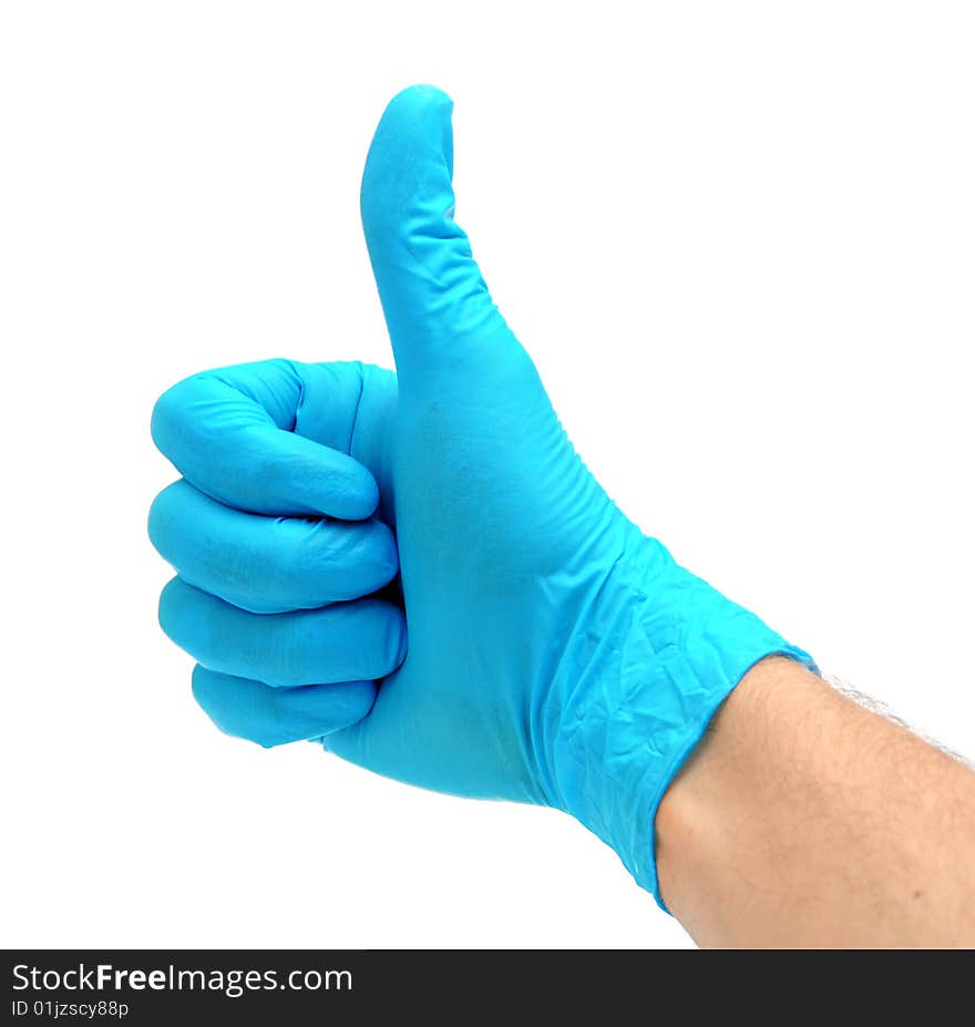 Man's hand in a blue latex glove. Man's hand in a blue latex glove