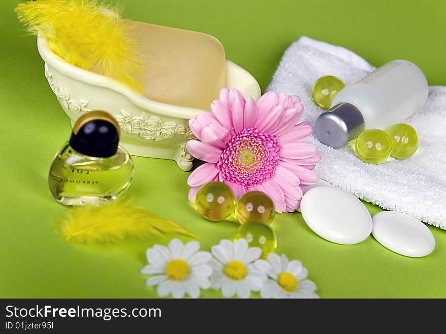 Wellness with Soap on a green background. Wellness with Soap on a green background