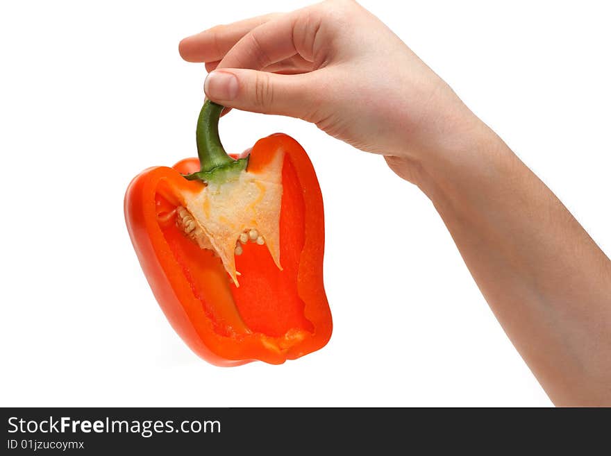 Cut bulgarian pepper on palm insulated on white background. Cut bulgarian pepper on palm insulated on white background