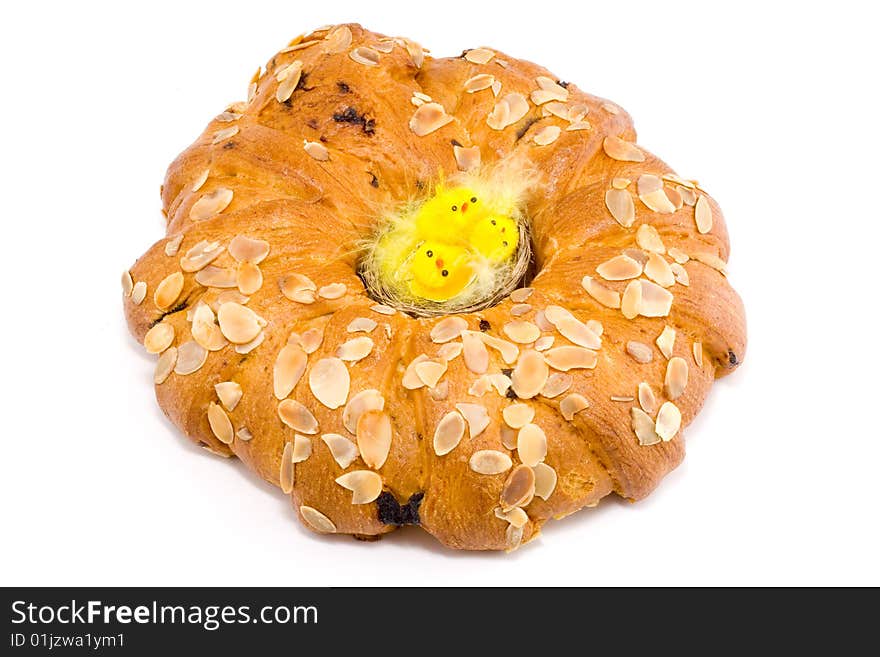 Easter pastry wreath with a nest of chicken in it. Easter pastry wreath with a nest of chicken in it