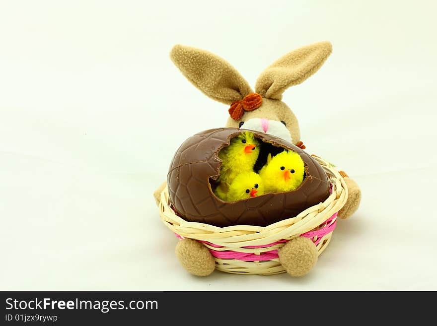 Close-up of easter bunny basket with yellow chicken. Close-up of easter bunny basket with yellow chicken