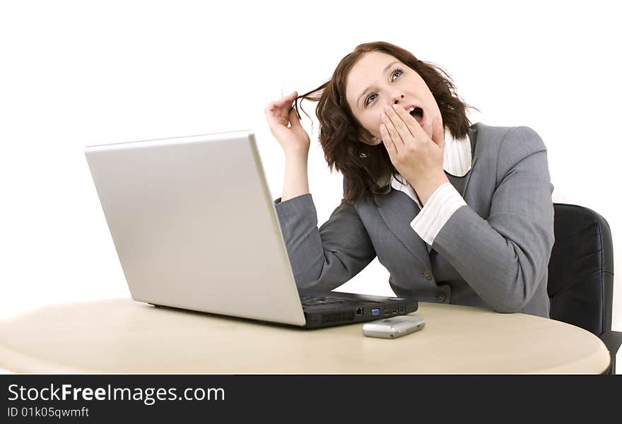 Woman with laptop on a white background