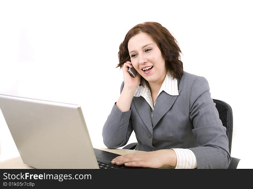 Woman with laptop on a white background