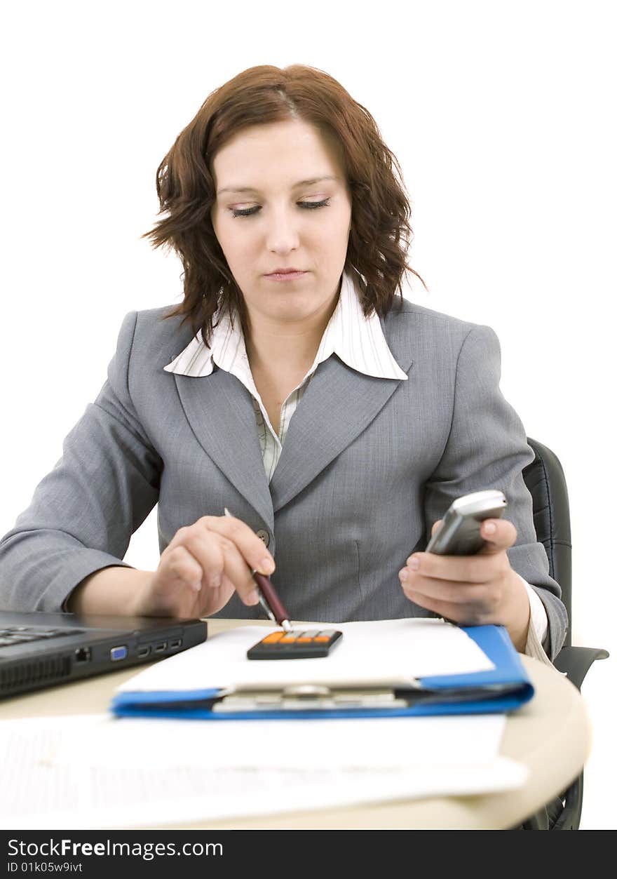 Woman with laptop on a white background