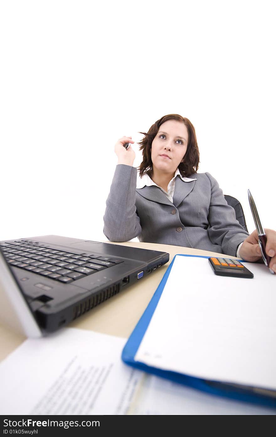 Woman with laptop on a white background