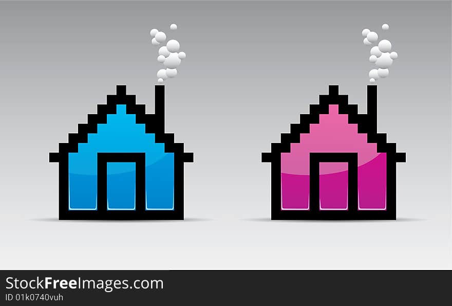 Two color pixel of a lodge with smoking pipes. Two color pixel of a lodge with smoking pipes