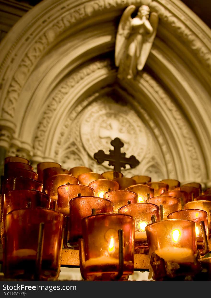 View of rows of candles in Saint Patrick Church in New York.