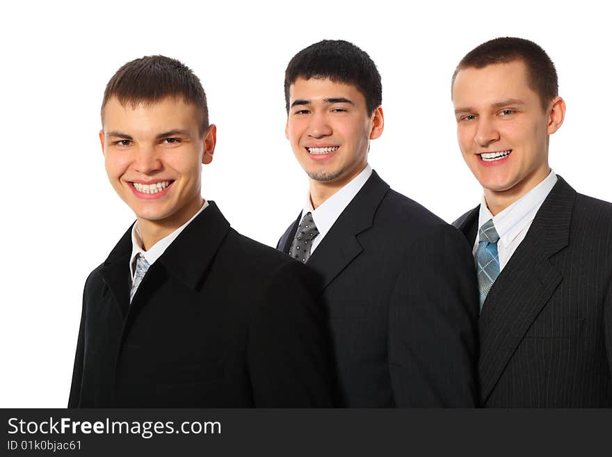 Three smiling businessmen on white background