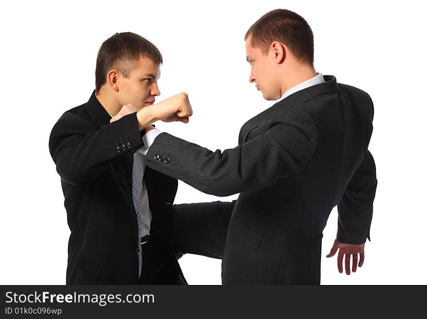 Two fighting businessmen on white background