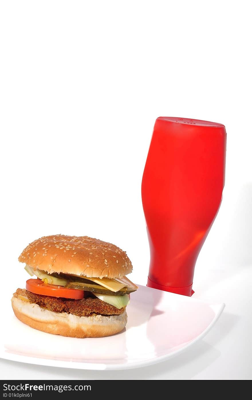 Dinner - hamburger on white plate. Dinner - hamburger on white plate