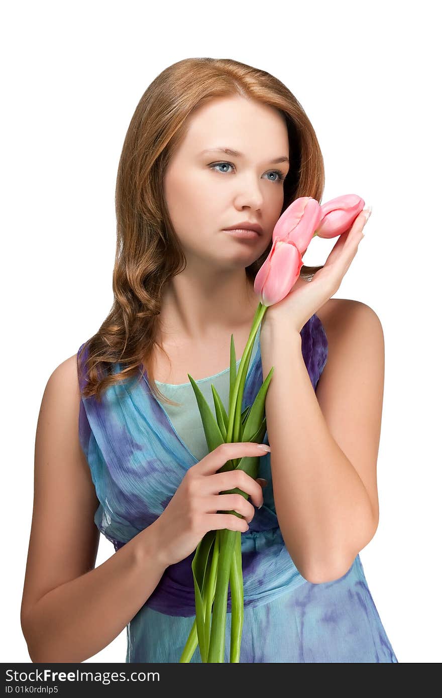 Tender Beautiful Girl With Tulips