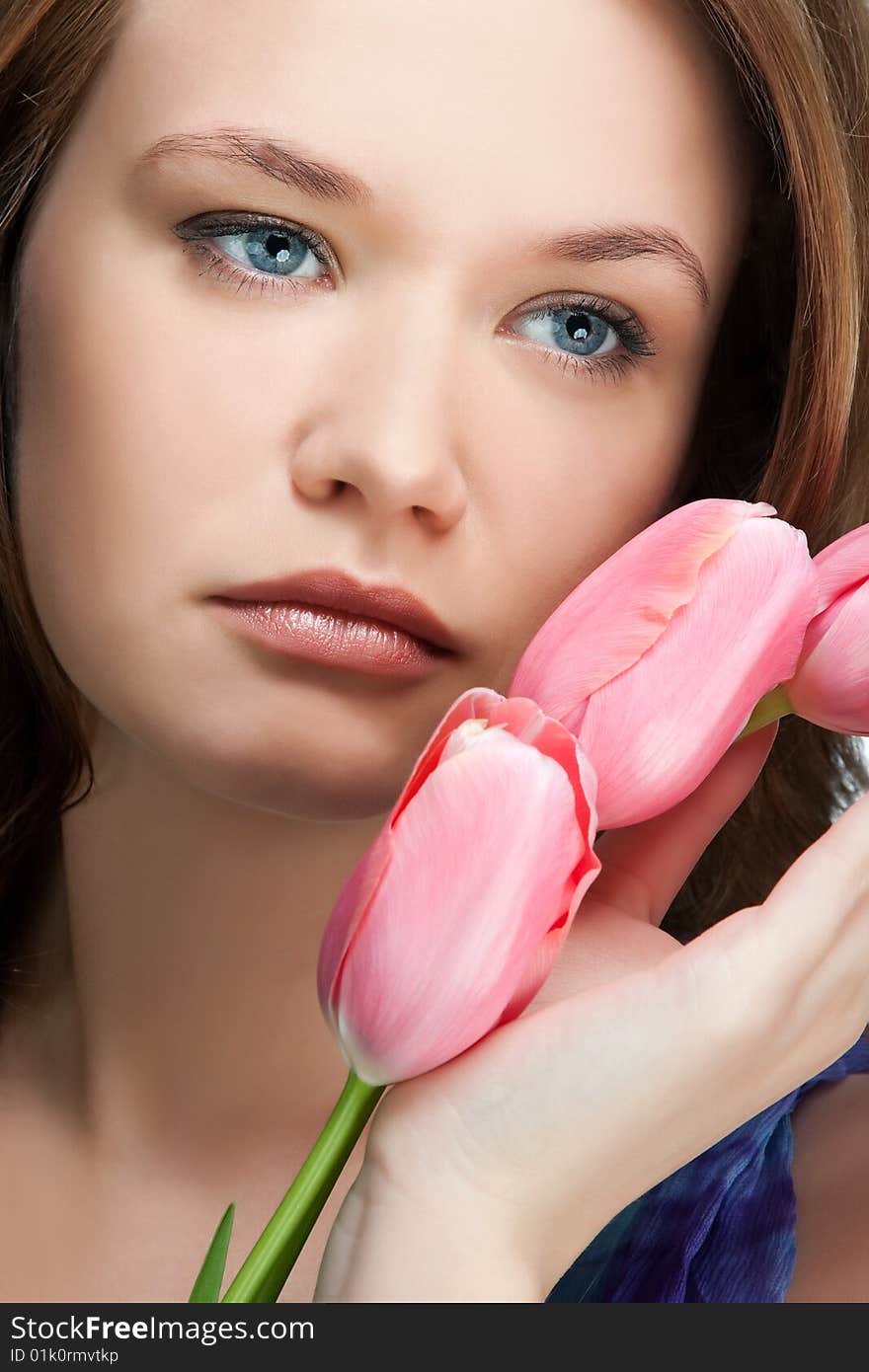 Tender beautiful girl  tulips portrait