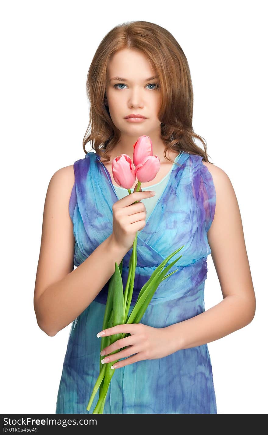 Beautiful girl with tulips over white