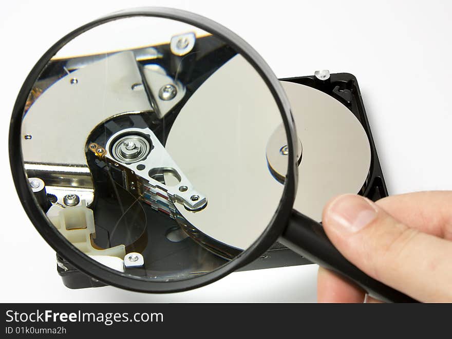 Open Hard Drive With Magnifying Glass