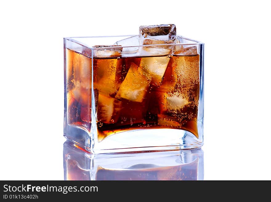 Square vase with ice and cola on white background