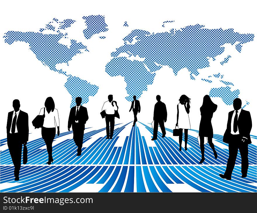 Illustration of business people and map