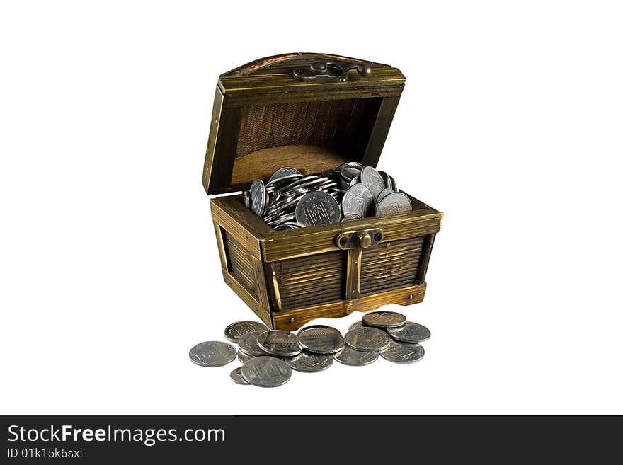 Brown chest with coins on white background