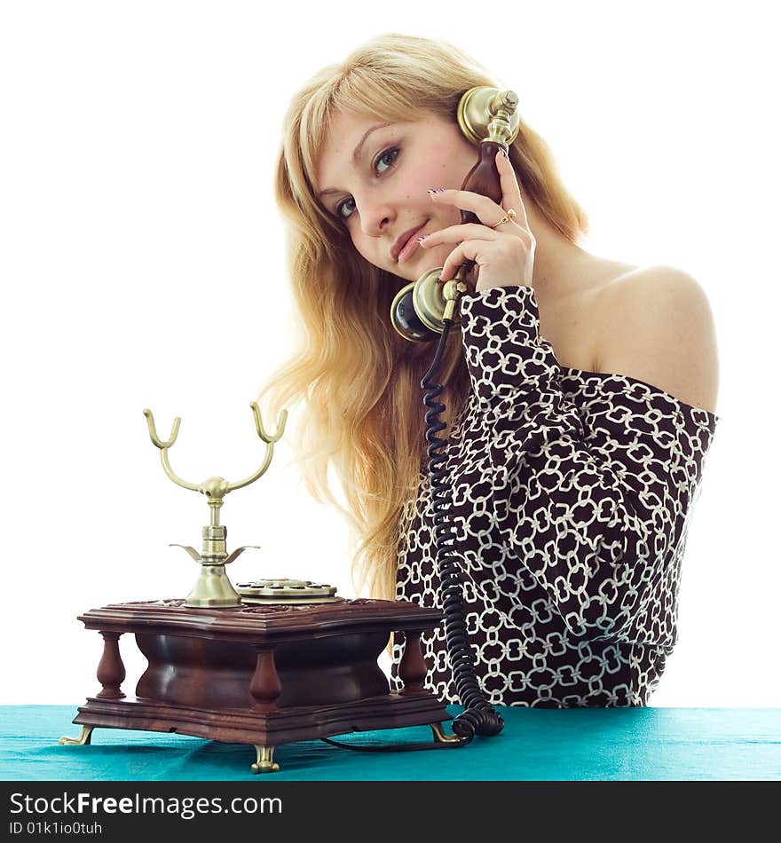 Beautiful caucasian woman talking on retro phone. Beautiful caucasian woman talking on retro phone.