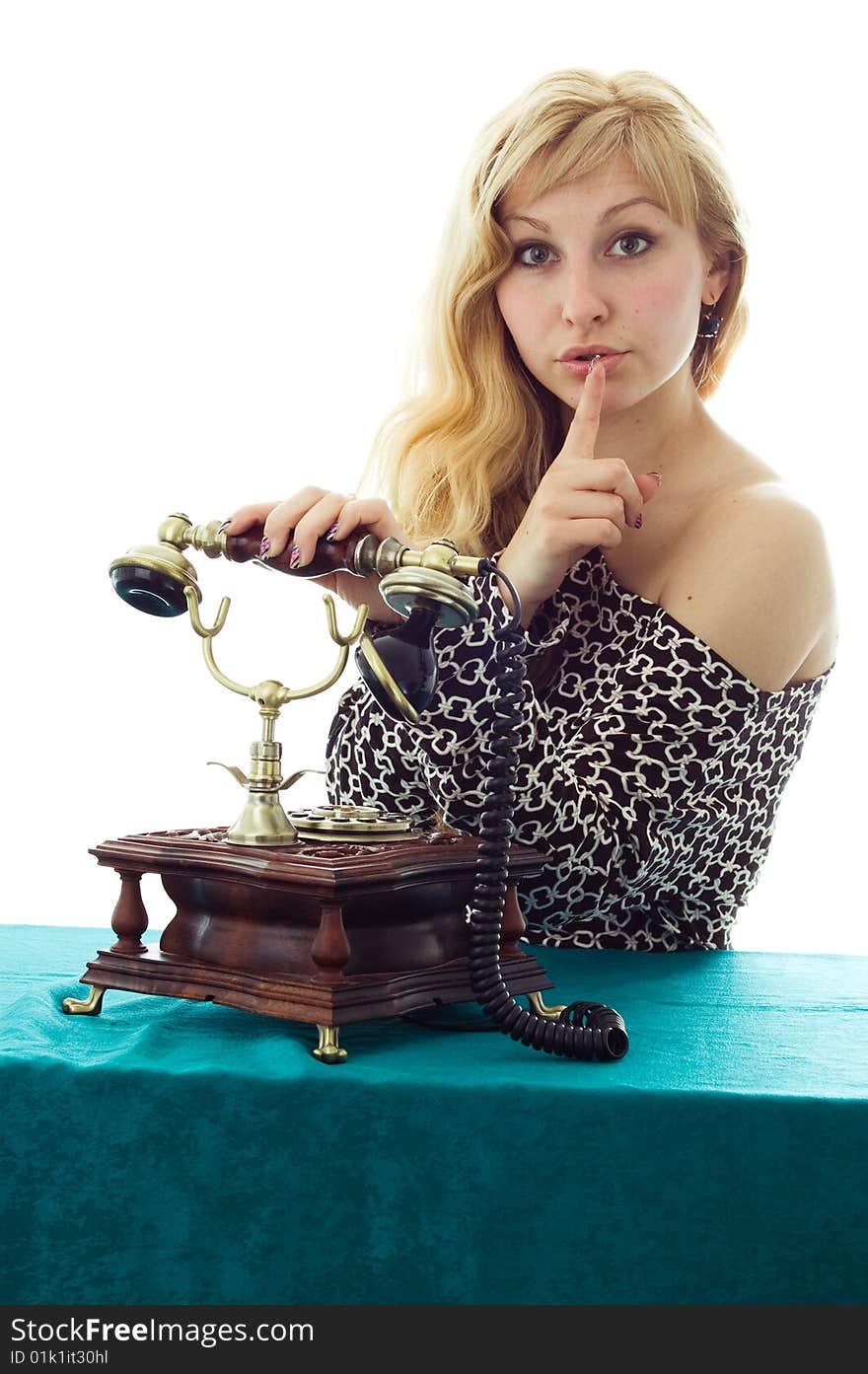 Beautiful caucasian woman talking on retro phone. Beautiful caucasian woman talking on retro phone.