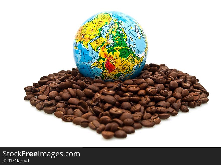 Globe and coffee on a white background. Globe and coffee on a white background