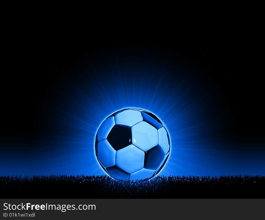 A 3D stylized illustration of a soccerball in combination with a grass horizon and slight background glow. A 3D stylized illustration of a soccerball in combination with a grass horizon and slight background glow