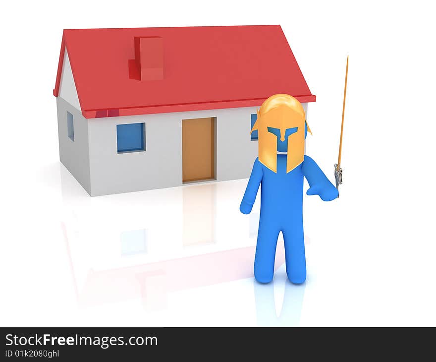 3d render of warrior staying in front of house. 3d render of warrior staying in front of house.