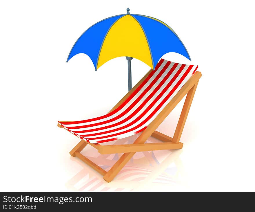 3d render of chaise longue and umbrella.