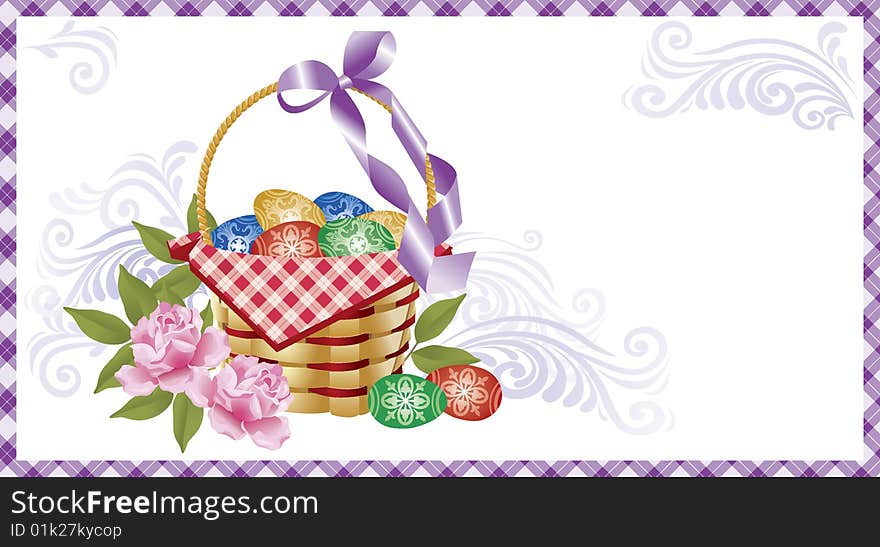 Basket with Easter eggs, colours and a tape