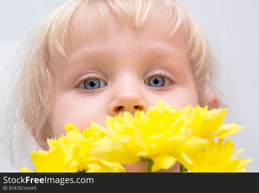 Little girl sniffing a bouquet of yellow chrysanthemums. Little girl sniffing a bouquet of yellow chrysanthemums