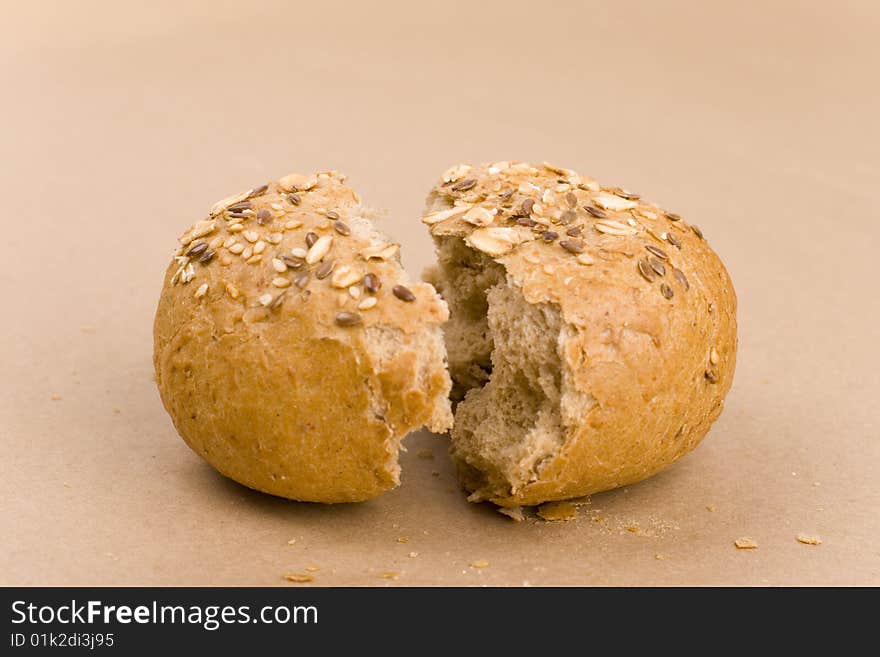 Fresh baked bread halves closeup