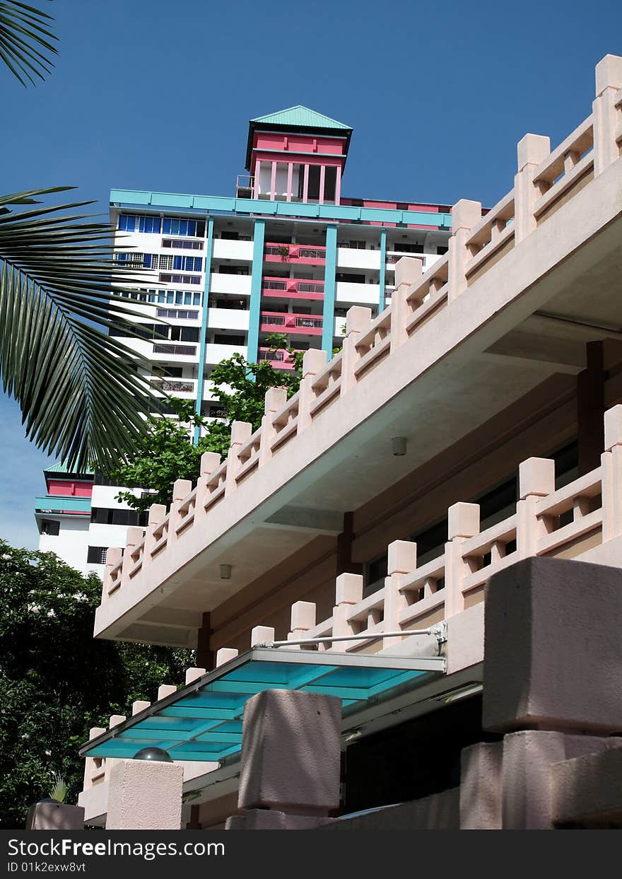 A colourful building and railing