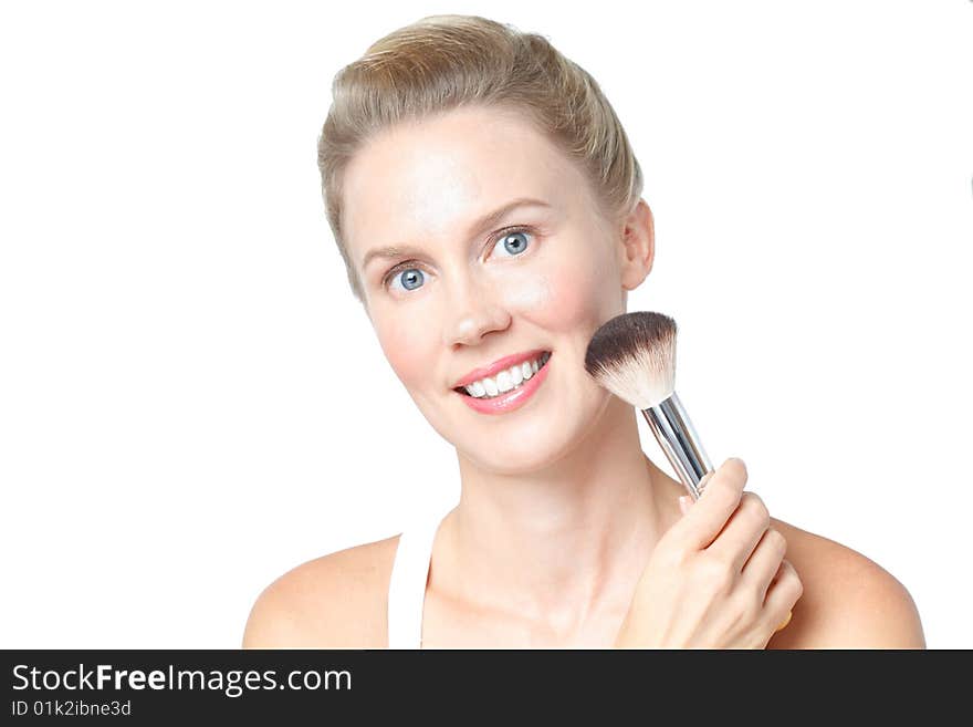 Studio Shot Of Caucasian Woman Holding Blusher