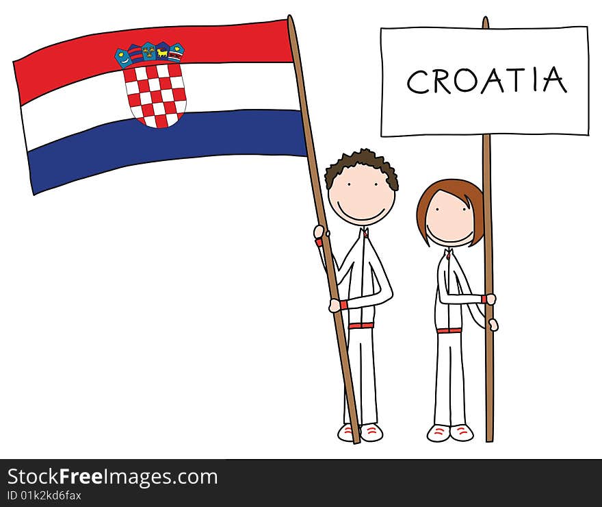 Illustration of a boy and girl holding Croatian flag and title