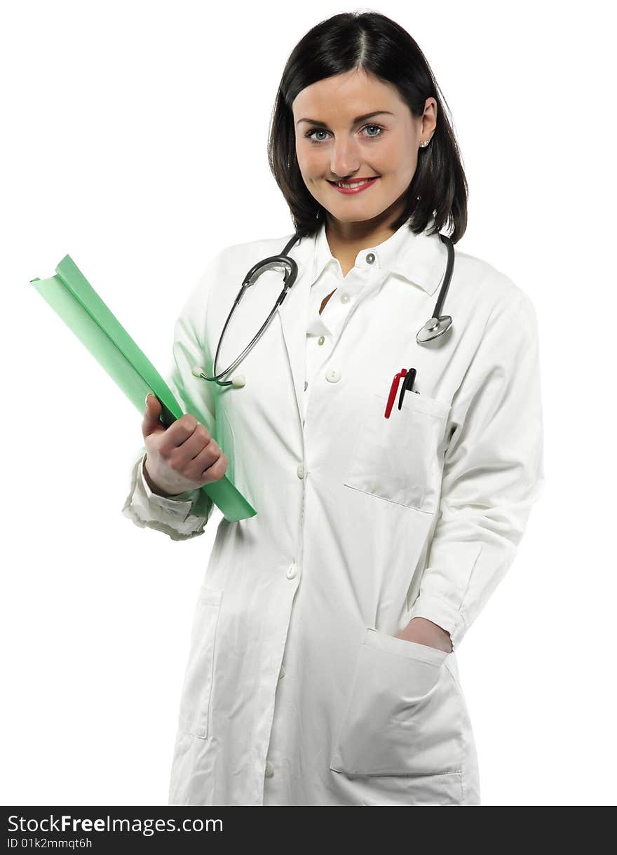 Doctor with book on the white background