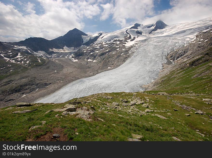 High mountain and glacier with cracks. High mountain and glacier with cracks